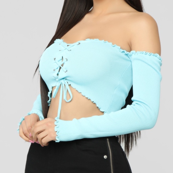 Fashion Nova Light Blue Off-Shoulder Long Sleeve Top - Picture 2 of 3